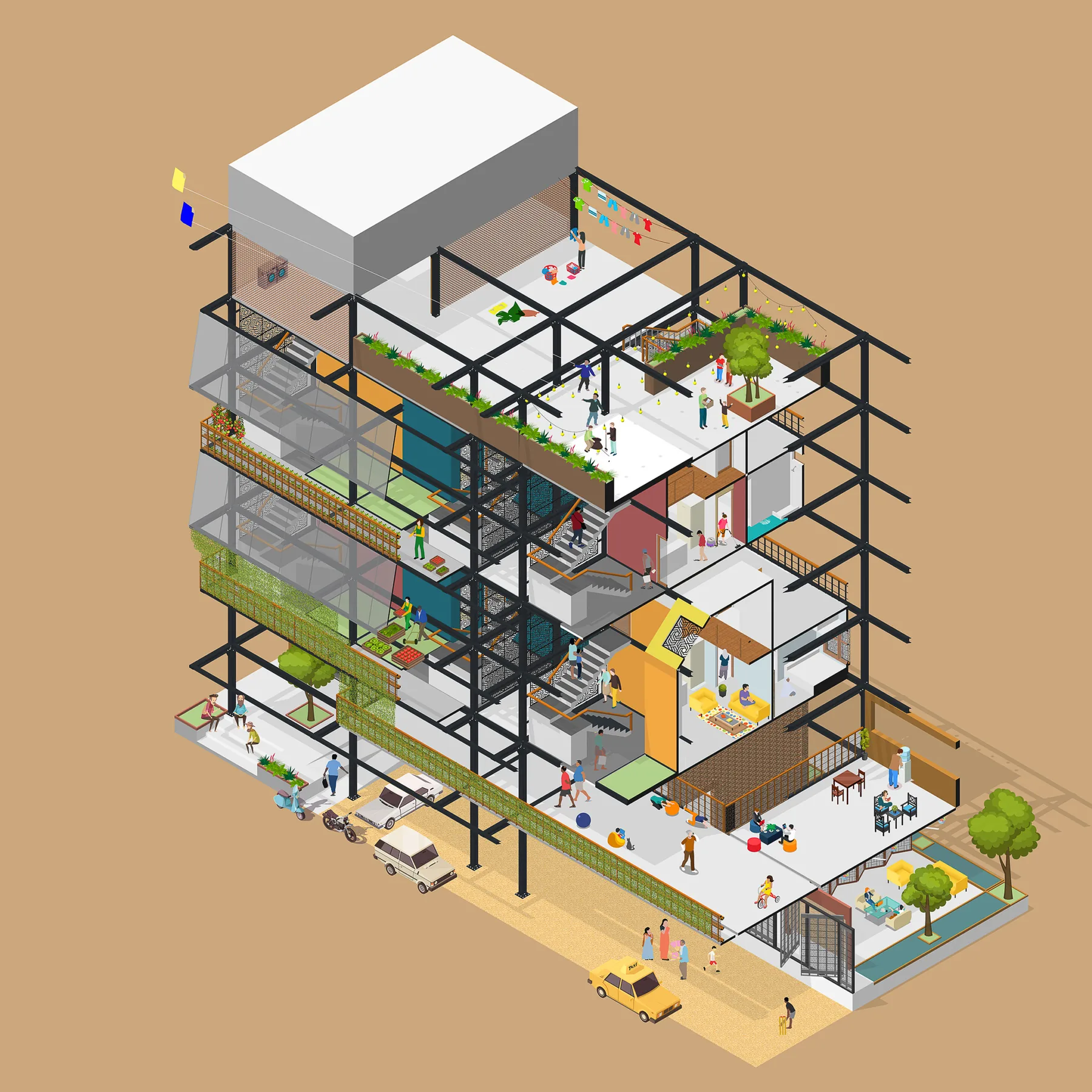 Sectional axo drawing of the project